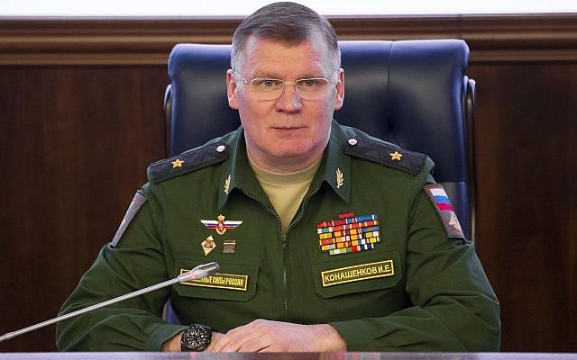 Russian Defense Ministry spokesman, Maj. Gen. Igor Konashenkov, speaks at a briefing in Moscow on April 13, 2018. (AP Photo/Alexander Zemlianichenko)