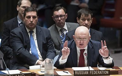 Russian Ambassador to the United Nations Vassily Nebenzia speaks during a Security Council meeting on the situation in Syria, Saturday, April 14, 2018 at United Nations headquarters. (AP/Mary Altaffer)