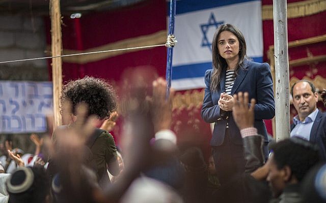 Justice Minister Ayelet Shaked speaks to members of Ethiopia's Jewish community, during a visit to a synagogue in Addis Ababa, Ethiopia, on April 22, 2018.  (AP Photo/Mulugeta Ayene)