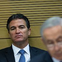 Yossi Cohen, then the national security adviser, is seen in a committee meeting at the Israeli parliament on December 8, 2015, sitting behind Prime Minister Benjamin Netanyahu. (Yonatan Sindel/Flash90)