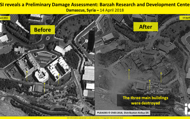 A satellite image shows three buildings in the Barzeh research facility near Damascus, Syria, allegedly used to develop chemical weapons, standing in 2013 (L) and destroyed after a strike by the US, Britain and France on April 14, 2018. (ImageSat International)