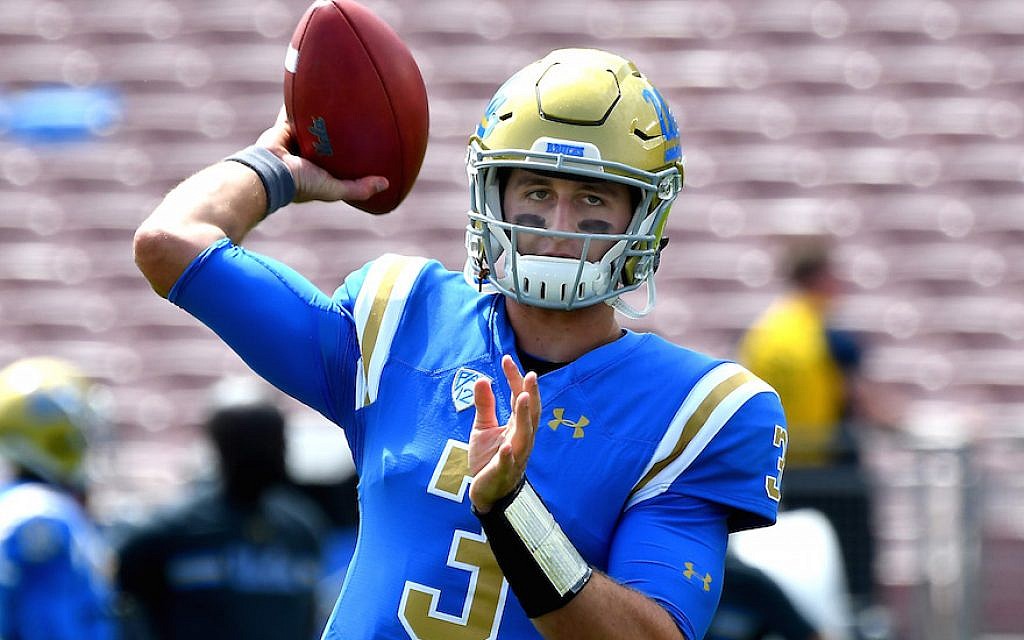 Josh Rosen #3, quarterback of the UCLA Bruins, warms up before the game against the UCLA Bruins at the Rose Bowl on September 9, 2017 in Pasadena, California.  (Photo by Jayne Kamin-Oncea/Getty Images via JTA)