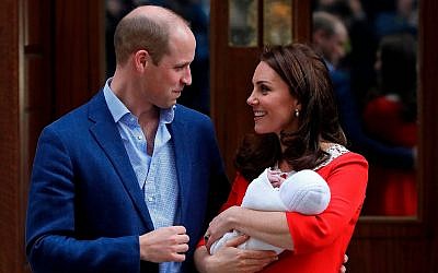 Britain's Prince William and Kate, Duchess of Cambridge pose for a photo with their newborn baby son as they leave the Lindo wing at St Mary's Hospital in London London, Monday, April 23, 2018. The Duchess of Cambridge gave birth Monday to a healthy baby boy — a third child for Kate and Prince William and fifth in line to the British throne. (AP Photo/Kirsty Wigglesworth)