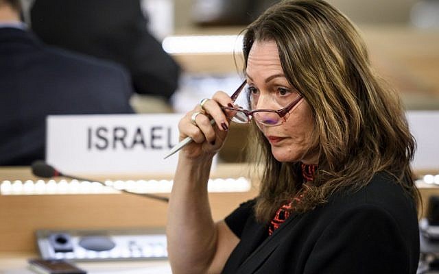 Israel's Ambassador Aviva Raz Shechter gestures during a special session of the United Nations Human Rights Council on May 18, 2018, which voted for an investigation into Gaza border violence.  (AFP/Fabrice Coffrini)