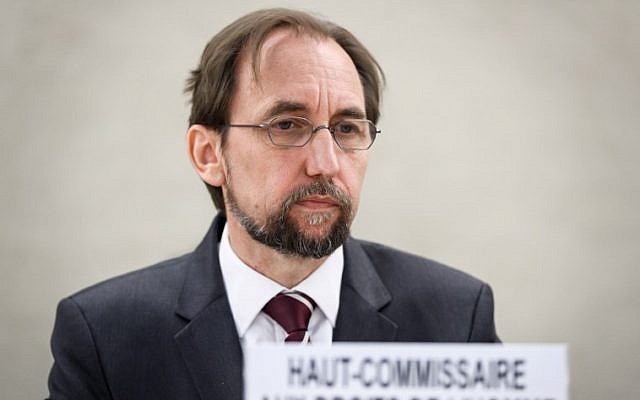 United Nations High Commissioner for Human Rights Zeid Ra'ad Al Hussein attends a special session of the United Nations Human Rights Council on May 18, 2018 in Geneva. (AFP/Fabrice Coffrini)