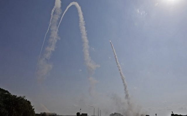 Illustrative: The IDF launches a missile from the Iron Dome air defense system to intercept an incoming rocket from Gaza from a position in the southern Israeli city of Ashkelon on May 29, 2018. (AFP/Menahem Kahana)