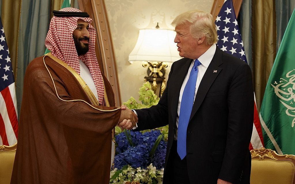 In this May 20, 2017, file photo, US President Donald Trump shakes hands with Saudi Deputy Crown Prince and Defense Minister Mohammed bin Salman in Riyadh. (AP Photo/Evan Vucci)