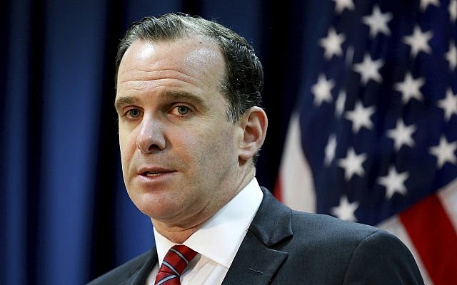 Brett McGurk, then-US envoy for the global coalition against Islamic State, at a news conference at the US embassy in Baghdad, Iraq, June 7, 2017. (Hadi Mizban/AP)