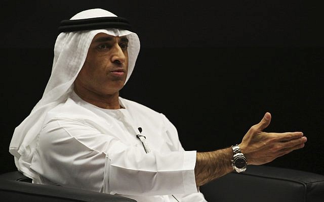 Emirati Ambassador to the US Yousef al-Otaiba gestures during an event with US House Speaker Paul Ryan, at the Emirates Diplomatic Academy, in Abu Dhabi, United Arab Emirates, Thursday, Jan. 25, 2018. (AP Photo/Jon Gambrell)
