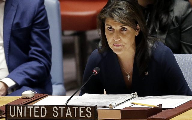 United States Ambassador to the United Nations Nikki Haley speaks at a Security Council meeting at United Nations headquarters, Thursday, April 19, 2018. (AP Photo/Seth Wenig)