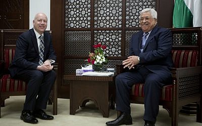 US President’s peace process envoy Jason Greenblatt, left, meets with Palestinian Authority President Mahmoud Abbas at the President’s office in the West Bank city of Ramallah, March 14, 2017. (AP Photo/Majdi Mohammed)