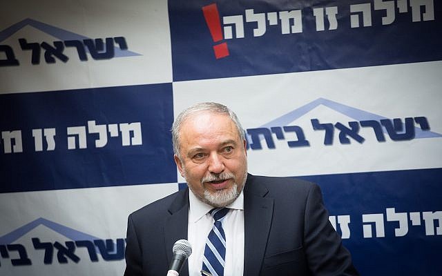 Defense Minister Avigdor Liberman leads the Yisrael Beytenu faction meeting in the Knesset on May 7, 2018. (Miriam Alster/Flash90)