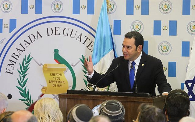 Guatemala President Jimmy Morales speaks during the official opening ceremony of the Guatemala embassy in Jerusalem on May 16, 2018. (Marc Israel Sellem/POOL)