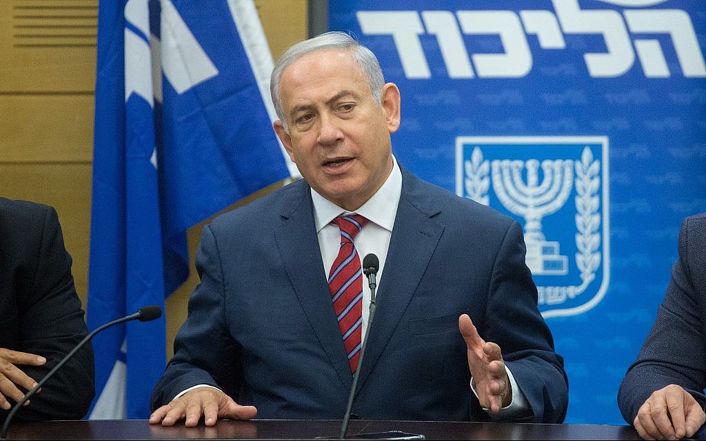 Prime Minister Benjamin Netanyahu leads a Likud faction meeting at the Knesset on May 28, 2018. (Miriam Alster/Flash90)