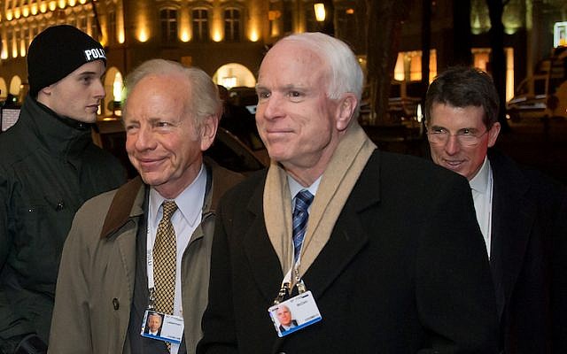 Illustrative: Sen. Joseph Lieberman, left, with Sen. John McCain at the Munich Security Conference in Munich, Germany, January 31, 2014. (Joerg Koch/Getty Images via JTA)