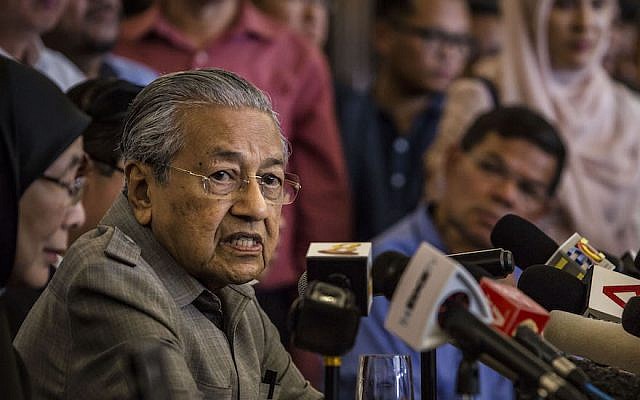 Mahathir Mohamad speaking during a press conference in Kuala Lumpur, Malaysia, May 10, 2018. (Ulet Ifansasti/Getty Images via JTA)
