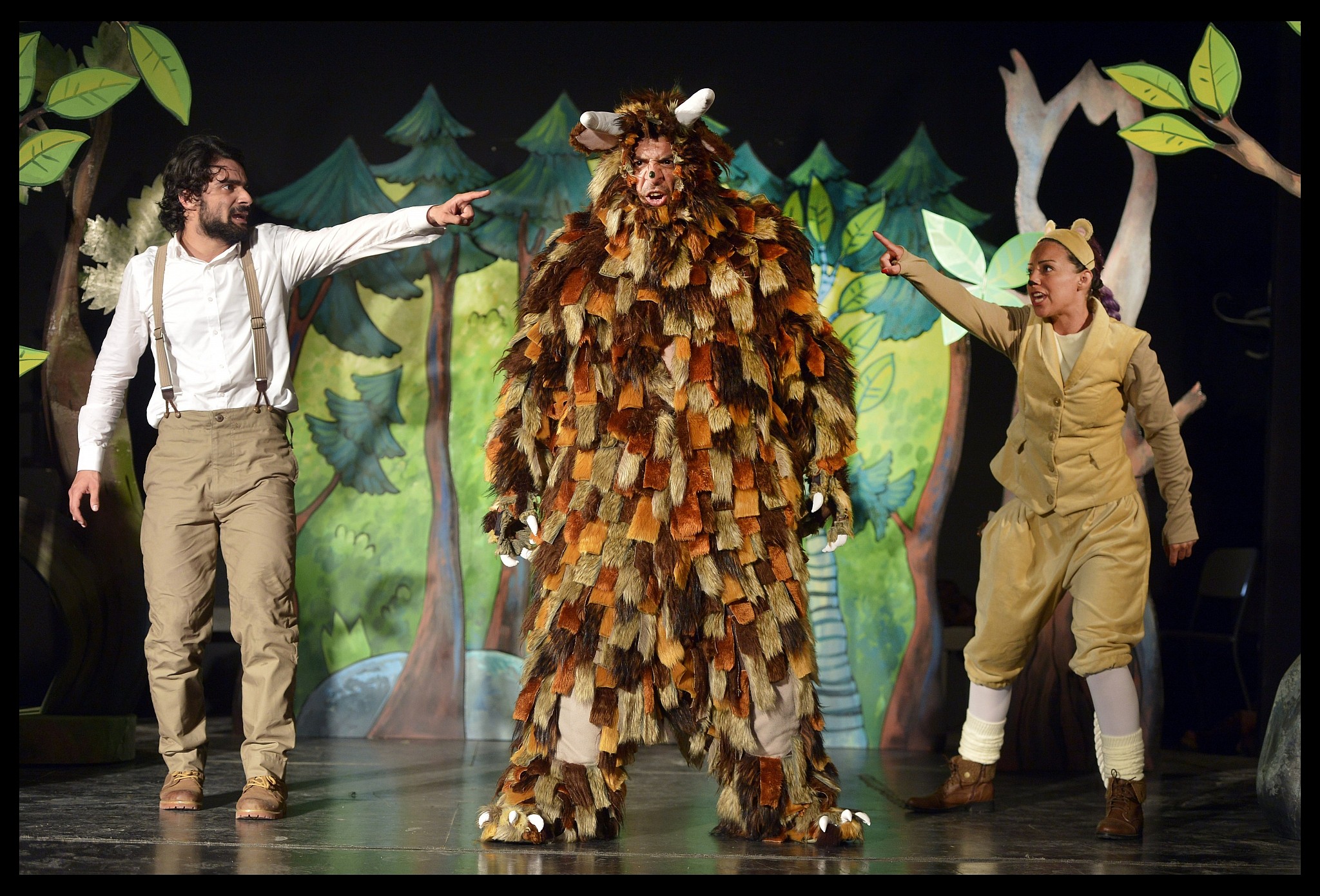 The cast of the Arabic-language production of 'The Gruffalo,' or 'Al Gharfoul,' produced by the Orna Porat Theater for Children and Youth together with the Elmina theater in Jaffa. (Courtesy)