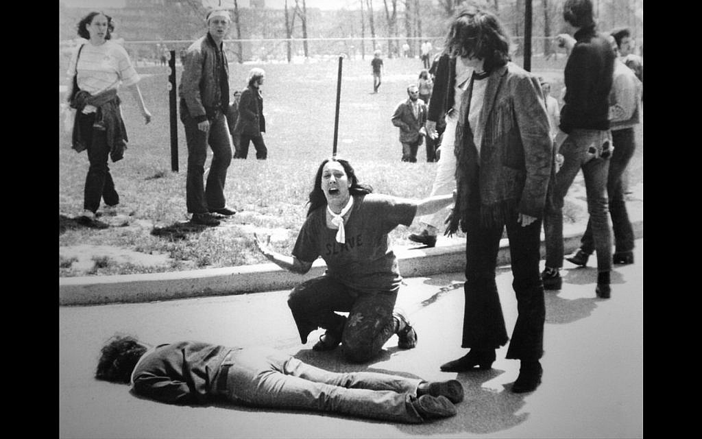 John Filo’s Pulitzer Prize–winning photograph of Mary Ann Vecchio, a 14-year-old runaway, kneeling over the body of Jeffrey Miller minutes after he was fatally shot by the Ohio National Guard at Kent State University on May 4, 1970. (Via JTA)
