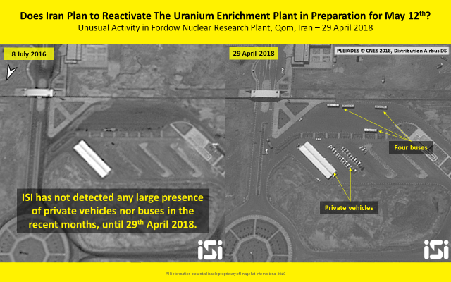 A satellite image from April 29, 2018, showing recent activity at the Fordo nuclear facility in Iran. (ImageSat International ISI)
