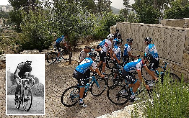 Members of the Israel Cycling Academy team finish the memorial ride at the Garden of the Righteous Among the Nations at Yad Vashem in Jerusalem on May 2, 2018. Insert: Gino Bartali during the 1938 Tour de France, which he won. (Melanie Lidman/Times of Israel, courtesy Wikimedia Commons)