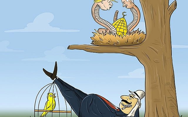 Cartoon showing US President Trump and Prime Minister Benjamin Netanyahu depicted as snakes about to attack the al-Aqsa Mosque in Jerusalem. Al-Jazira, May 16th, 2018, Qatar. (via the Anti-Defamation League)