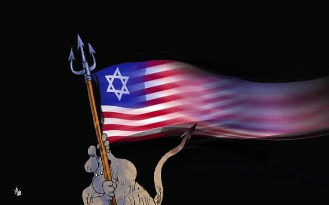 Cartoon showing the devil waving a US flag with a Star of David, from the London-based al-Hayat, May 15th, 2018. (via the Anti-Defamation League)