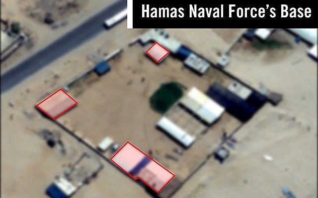 A satellite image showing a suspected Hamas naval force base in the Gaza Strip, which was targeted in an Israeli airstrike on May 29, 2018. (Israel Defense Forces)