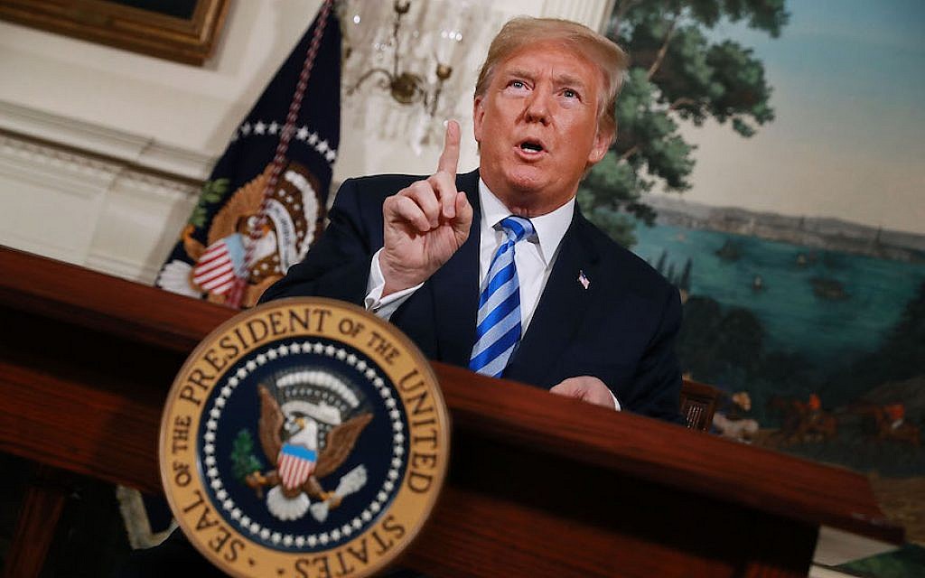 President Donald Trump announcing his decision to leave the Iran nuclear deal in the Diplomatic Reception Room at the White House, May 8, 2018. (Chip Somodevilla/Getty Images)