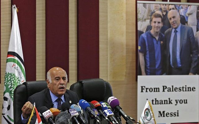 Jibril Rajoub, the head of the Palestinian Football Association, speaks during a press conference in the West Bank city of Ramallah on June 6, 2018. (Abbas Momani/AFP)