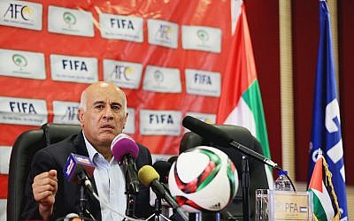 Palestinian Football Federation President Jibril Rajoub addresses journalists at a press conference in the West Bank on June 9, 2015 (Mohamed Farraj / Wafa)