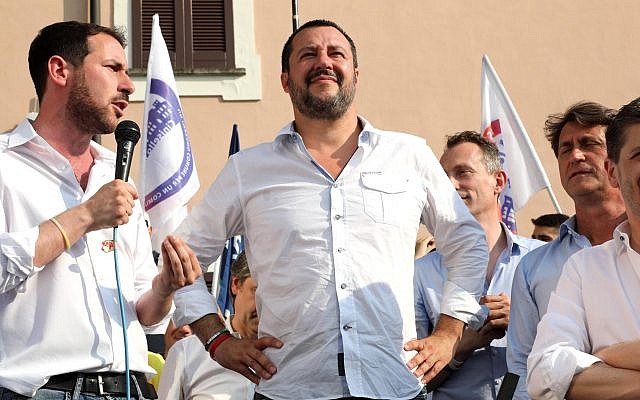 Italian Interior Minister Matteo Salvini, center, attends a local election rally in Cinisello Balsamo, near Milan, Italy, June 17, 2018 (Matteo Bazzi/ANSA via AP)