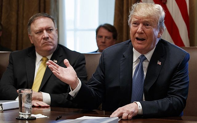 Secretary of State Mike Pompeo listens as US President Donald Trump speaks during a cabinet meeting at the White House, Thursday, June 21, 2018, in Washington. (AP Photo/Evan Vucci)