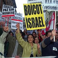 FILE -- A crowd protests against the Israel during a demonstration by an estimated 10,000 people in Madrid, Spain, Monday April 15, 2002 (AP Photo/Denis Doyle)