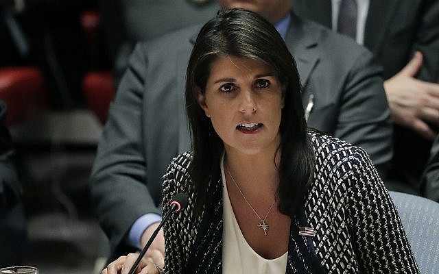 Nikki Haley, US ambassador to the United Nations, speaks during a Security Council meeting on April 13, 2018, at United Nations headquarters. (AP Photo/Julie Jacobson)