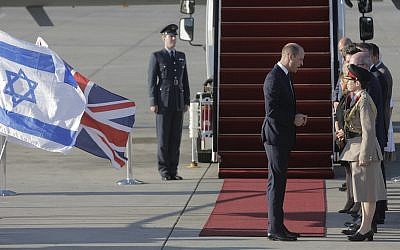 Britain's Prince William arrives on a Royal Air Force plane at Ben Gurion airport outside Tel Aviv, Israel, Monday, June 25, 2018. (AP Photo/Sebastian Scheiner)