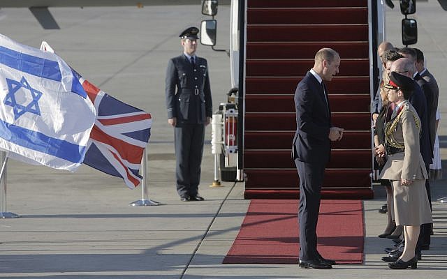 Britain's Prince William arrives on a Royal Air Force plane at Ben Gurion airport outside Tel Aviv, Israel, Monday, June 25, 2018. (AP Photo/Sebastian Scheiner)
