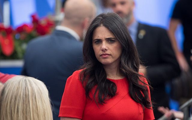 Justice Minister Ayelet Shaked at the official opening ceremony of the US embassy in Jerusalem on May 14, 2018. (Yonatan Sindel/Flash90)