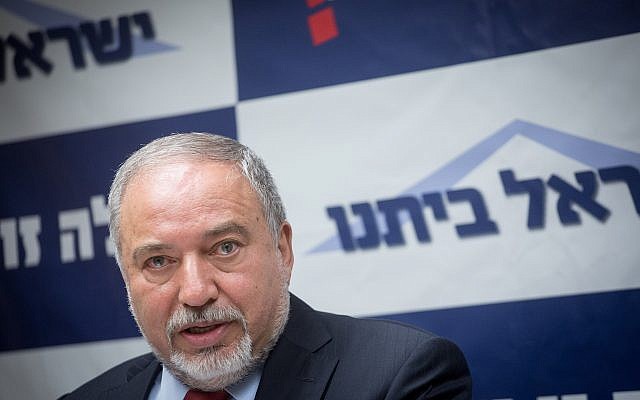 Defense Minister Avigdor Liberman leads a Yisrael Beytenu faction meeting in the Knesset, June 4, 2018. (Miriam Alster/Flash90)