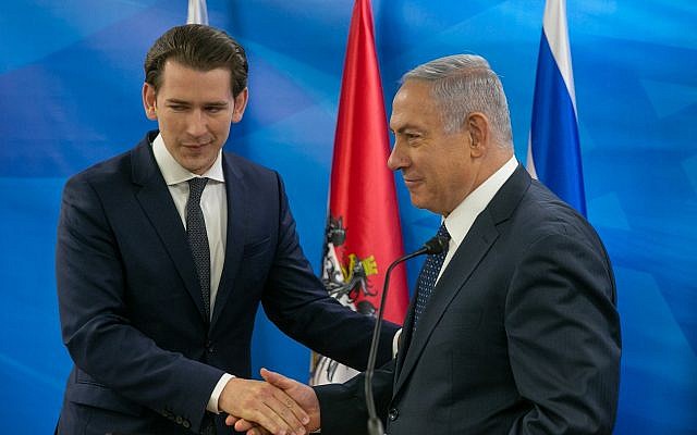 Prime Minister Benjamin Netanyahu, right, with Chancellor of Austria Sebastian Kurz at the Prime Minister's Office in Jerusalem, June 11, 2018. (Ohad Zwigenberg/Pool)