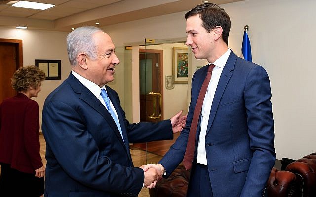 US President Donald Trump's senior adviser and son-in-law Jared Kushner, right, meets with Prime Minister Benjamin Netanyahu at the Prime Minister’s Office in Jerusalem, on June 22, 2018. (Matty Stern/US Embassy Jerusalem/Flash90)