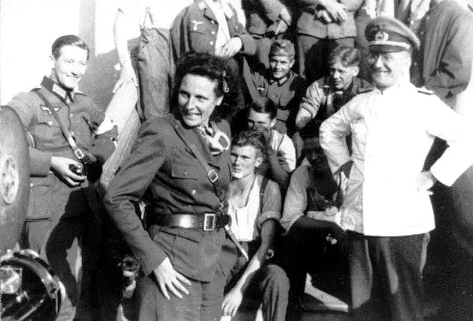Leni Riefenstahl, dressed in a Wehrmacht uniform, during her brief stint as a war correspondent covering Germany's invasion of Poland in 1939 (public domain)