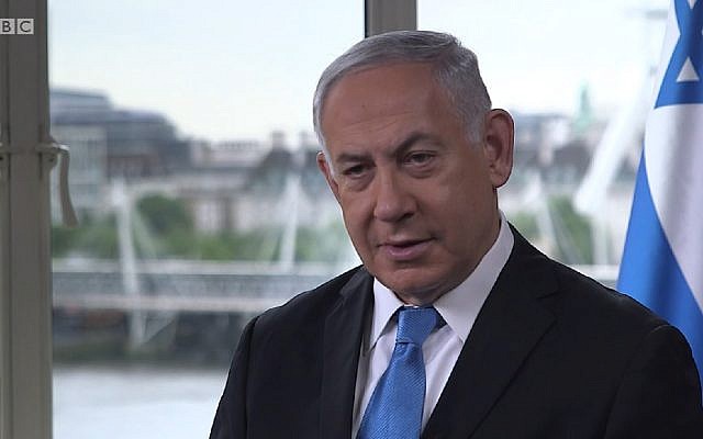 Screen capture from video of an interview given by Prime Minister Benjamin Netanyahu to the BBC in London, and broadcast June 7, 2018. (BBC)