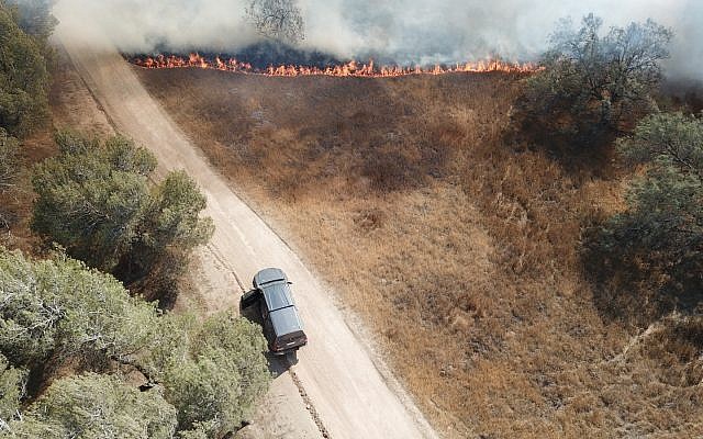 Israeli authorities respond to a fire in a field in the Eshkol region of southern Israel on June 5, 2018. (Eshkol regional council)