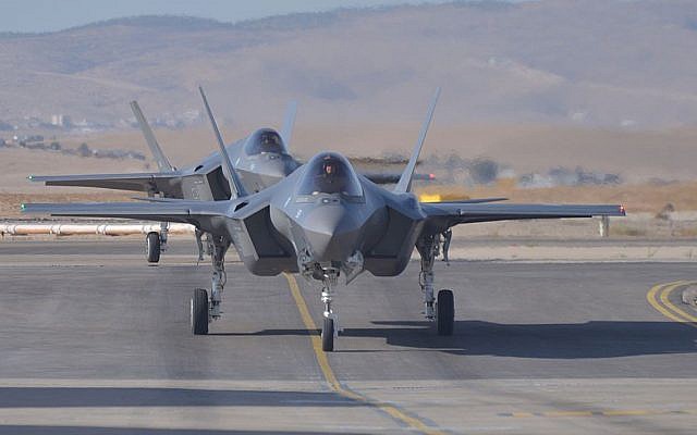 Two of three new F-35 fighter jets land on an airstrip in the Israeli Air Force's Nevatim base in southern Israel on June 24, 2018. (Israel Defense Forces)