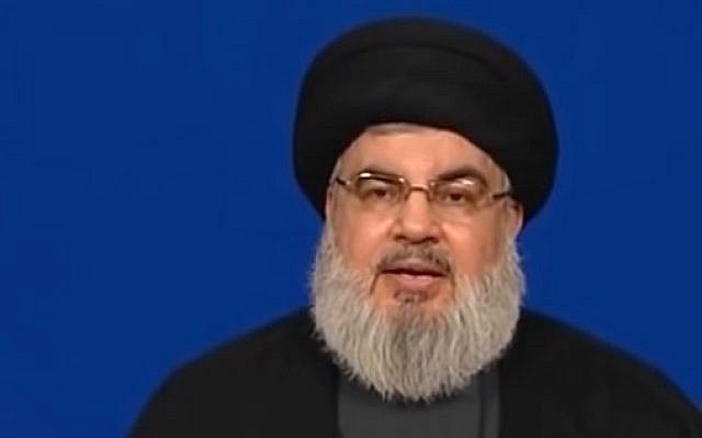 Hezbollah leader Hassan Nasrallah speaks on June 29, 2018. (YouTube screenshot)