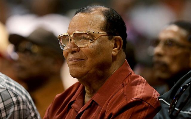 Louis Farrakhan at a basketball game at the UIC Pavilion in Chicago, July 23, 2017. (Streeter Lecka/BIG3/Getty Images via JTA)
