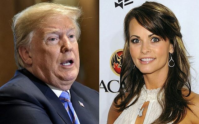 US President Donald Trump in Washington, DC, July 18, 2018; and Playboy model Karen McDougal in Miami Beach, Florida, February 6, 2010. (AFP/Getty Images North America/Nicholas Kamm and Dimitrios Kambouris, file)