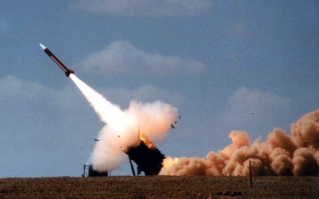 Illustrative: In this handout file photo provided by the Israeli Army on February 22, 2001, a Patriot anti-missile missile is launched on the last day of joint five-day US-Israeli military exercise in the Negev desert. (Israel Defense Forces/AFP)