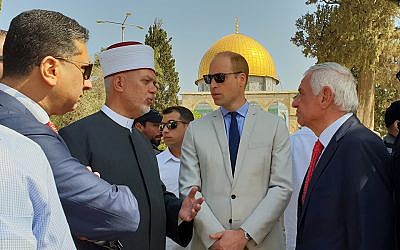 Jordanian diplomat Nizar al-Qaissi, left, joined Waqf officials and the Palestinian mufti of Jerusalem in greeting Prince William on the Temple Mount in the Old City of Jerusalem, June 28, 2018. (British Consulate General Jerusalem)