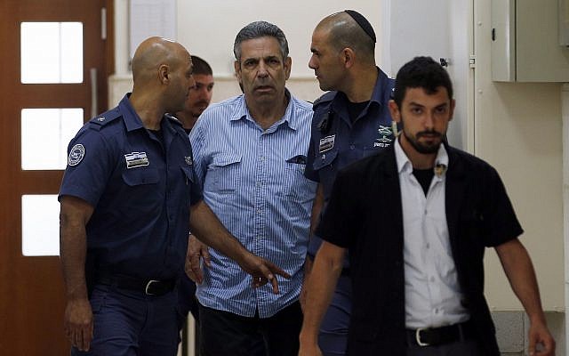 Gonen Segev, a former Israeli government minister indicted on suspicion of spying for Iran, is seen in the District Court in Jerusalem, July 5, 2018. (Ronen Zvulun/Pool Photo via AP)